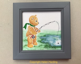 Hand-painted Teddy Bear Fishing. Fisherman's Gift. Framed Watercolour Teddy Art.