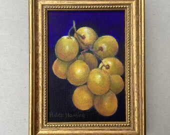 Hand-painted Picture Of Grapes. Original Miniature Fruit Art. Collectible Acrylic Painting.