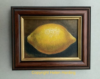 Framed Miniature Lemon Painting, Original Acrylic Still Life Art