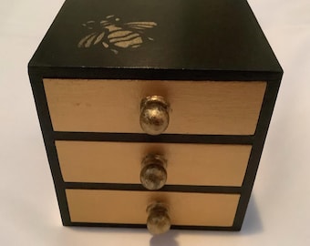 Hand-Painted Bee Stencil Chest: Black and Gold Tiny Drawers