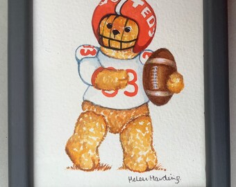 Hand-painted Super Bowl Art. Teddy Bear Playing American Football.  Collectible Sports Art. Super Bowl Art.