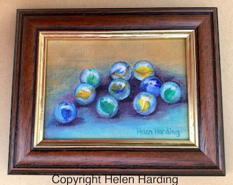 Hand-painted Miniature Painting Of Marbles. Framed Acrylic Original Art. Glass Marbles Picture. Not A Print.