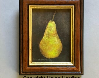 Miniature Pear Painting: Original Hand-Painted Acrylic, Framed Art