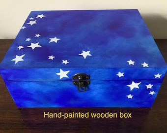 Hand-Painted Blue Wooden Box with Stars
