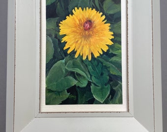Hand-Painted Dandelion & Ladybird Acrylic Painting in Distressed Frame