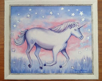 Hand-painted Unicorn. Framed Original Acrylic Painting Of A Unicorn With Sparkles