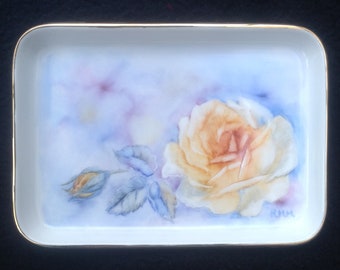 Handpainted Rose Bone China Trinket Tray, Gold Trim