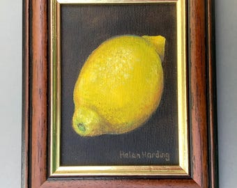 Hand-Painted Miniature Lemon Painting: Framed Collectible Fruit Art