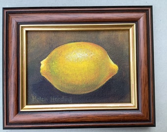 Framed Miniature Lemon Painting: Original Acrylic Still Life (4.5x5.5”)