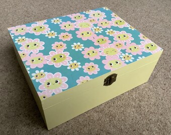 Gift Box With Fun Design Decoupaged On Lid And Inside. Decorated Wooden Box.