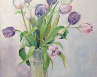 Tulip Painting. Hand-painted Flower Painting. Acrylic Original Of Tulips In A Glass Vase. Not A Print.