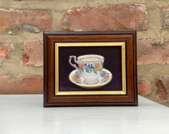 Miniature Tea Cup Painting: Original Acrylic Still Life, Framed Art