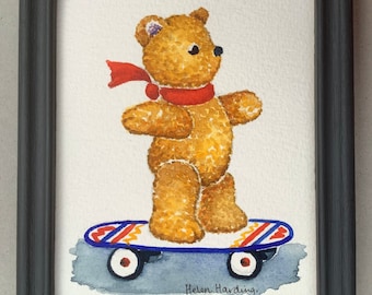 Hand-painted Teddy Bear Skateboarding. Collectible Sport Art. Framed Skateboarding Painting.