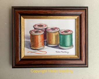 Framed Miniature Watercolor Painting: Cotton Reels Still Life