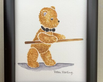 Framed Teddy Bear Snooker Watercolor Painting: Snooker Gift