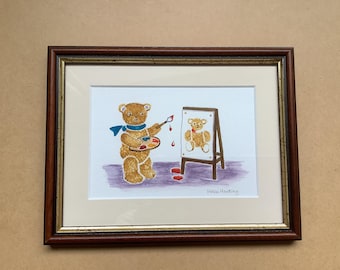 Hand-painted Teddy Bear Artist. Original Watercolour Of Teddy Painting A Picture. Not A Print.
