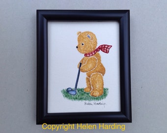 Golf Teddy Bear Watercolor Painting: Hand-Painted Collectible Art