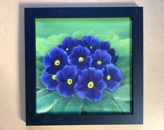 Blue Polyanthus Flower Painting: Original Framed Oil on Canvas