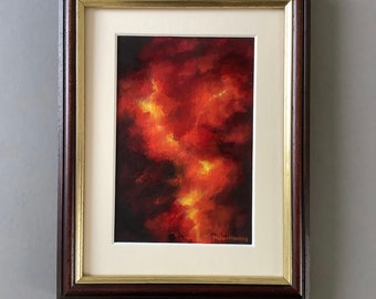 Hand-painted Fire Painting. Framed Original Red And Black Acrylic Painting. Not A Print