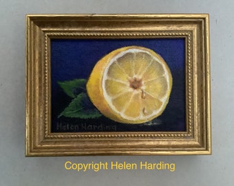 Framed Miniature Lemon Painting: Original Acrylic Still Life (5x4")