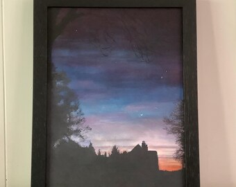 Hand-painted Sunset Art. Framed Original Acrylic Landscape Painting.