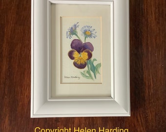 Vintage Hand-painted Watercolour Of A Pansy. Original Flower Painting In Up-cycled Frame