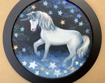 Hand-painted Unicorn. Framed Original Acrylic Painting Of A Unicorn with Sparkles.