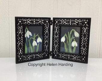 Hand-painted Snowdrop Pictures In Metal Frame. Two Acrylic Miniature Snowdrop Paintings In Freestanding Fancy Metal Frame.
