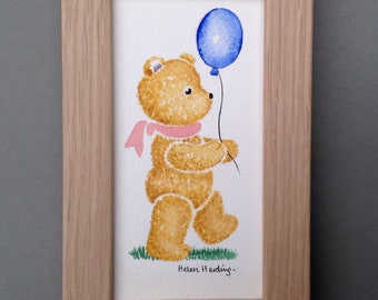Hand-painted Teddy With A Balloon. Baby Gift. Original Watercolour. Frame made in UK.