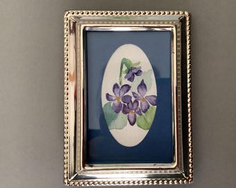 Violets. Hand-painted Violet Picture. Miniature Watercolour Flower Painting In Silver Effect Frame.