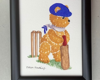 Cricket. Framed Original Watercolour Of A Teddy Playing Cricket. Black Frame Made In UK. Collectible