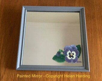 Hand-Painted Pansy Mirror: Vintage Upcycled Frame (6.5" x 6.5")