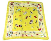 Vintage Silk Nautical Hanky, Ocean Sea Beach Scene Handkerchief, Yellow Pocket Square