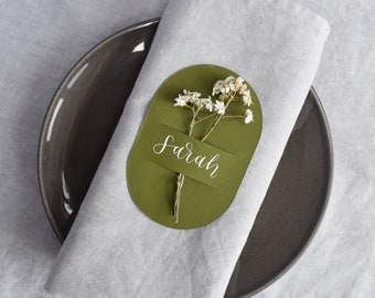Handwritten Olive Green Placecards | Modern Calligraphy | Arc Shape | w/slotted insert for flowers or favours