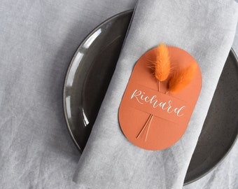 Handwritten Burnt Orange Placecards | Modern Calligraphy | Arc Shape | w/slotted insert for flowers or favours