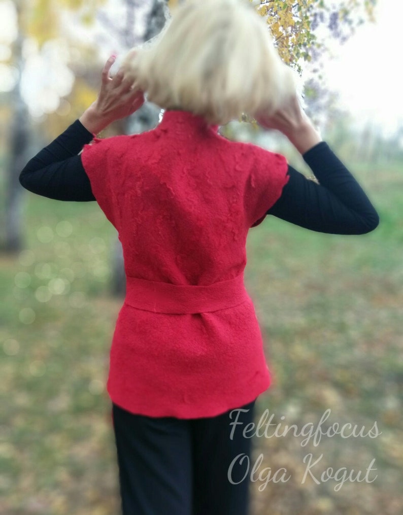 Red Women's Vest, Felted Vest, Waistcoat and Brooch, Waistcoat on Waist