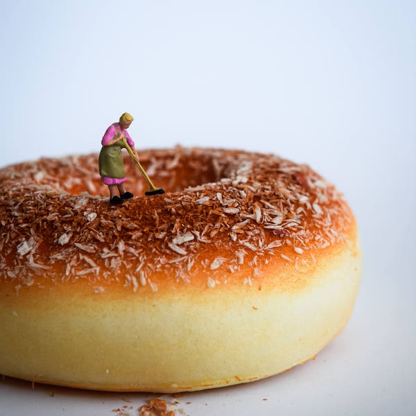 DIGITAL DOWNLOAD,miniature peole,sweeping,little people,digital art,food photography,decoration home,donut,kitchen decoration,gift,art photo