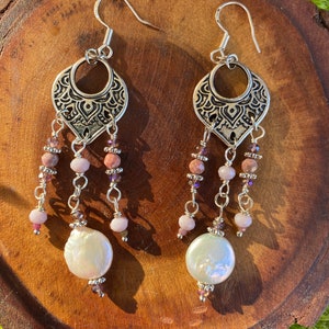 Chandelier earrings with pearls, rhodonite, tourmaline and Czech glass beads. Gift for her. Handmade jewelry. Boho style jewelry.