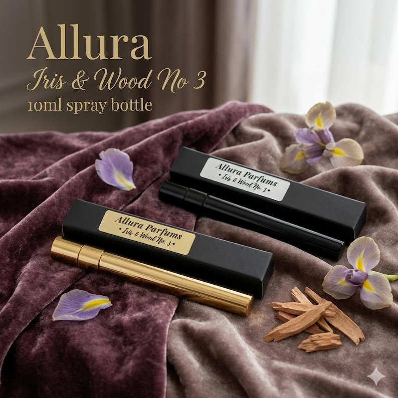May include: A gold-coloured 10ml spray bottle of Allura Iris & Wood No 3 perfume, in a black box with gold lettering. The image includes a velvet background, iris flowers, and wood chips.