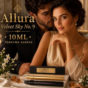 May include: An image featuring a perfume sample set. The set includes a black box and two perfume atomizers, one gold and one black. The text on the box reads "Allura Velvet Sky No. 9" and "10ML Perfume Sample."