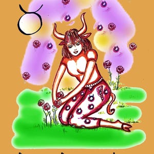 May include: Taurus zodiac sign illustration featuring a red bull with a human face and body, wearing red and white polka dot pants, surrounded by pink and yellow clouds with red roses. The text "Taurus April 21-May 21st" is at the top of the image. The words "Patient, Persistent, Loving" are at the bottom of the image.