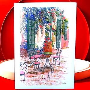 Carte de voeux Scène de café, scène de bistro de souvenirs de vacances, café avec café et croissants, carte vierge pour votre propre message du Royaume-Uni.
