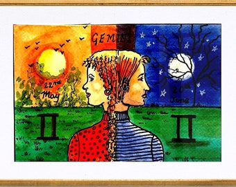 GEMINI poster print-zodiac sun sign wall art-unique UK made astrology birthday gift, A4.