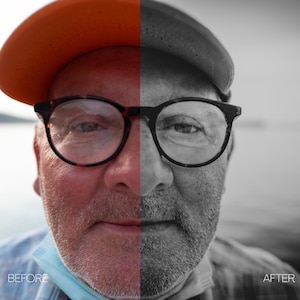 May include: A split portrait of a person, one side in colour, the other in monochrome. The person wears glasses and a hat. Text reads "BEFORE" and "AFTER".