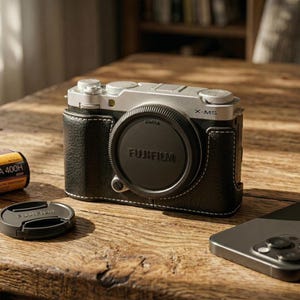Könnte beinhalten: Eine silberne und schwarze Fujifilm X-M5 Kamera mit schwarzem Lederetui, Objektivdeckel und einer Rolle Kodak Portra 400H Film liegen auf einem Holztisch. Ein schwarzes Smartphone ist ebenfalls vorhanden.