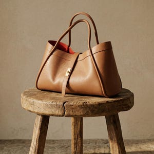 May include: A tan leather tote bag with a structured design, featuring a top handle and a contrasting red interior. The bag is secured with a strap and gold-tone hardware, resting on a rustic wooden stool.