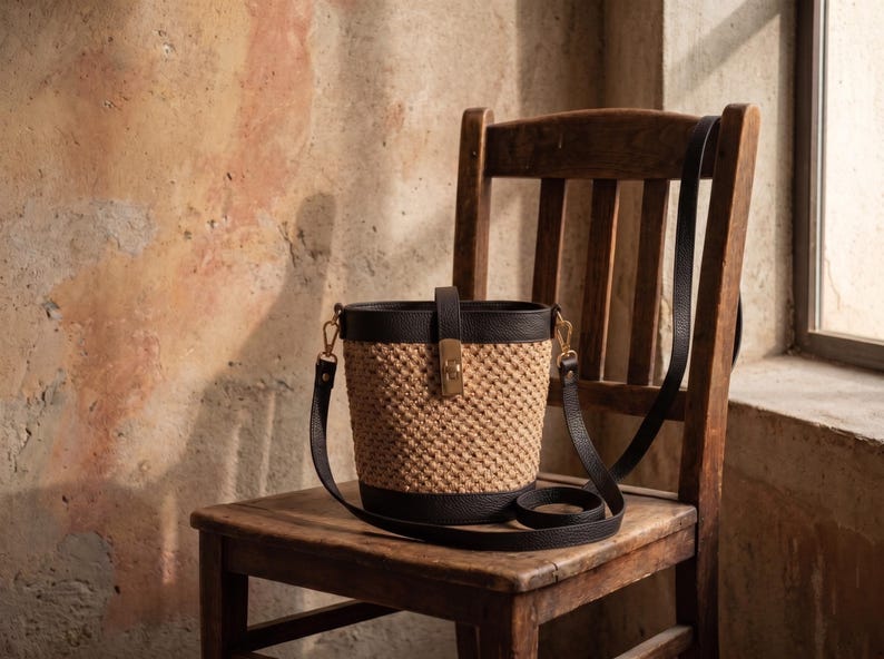 Leather and Raffia Bucket Bag, Handmade Straw Crossbody Bag, Made in Italy Summer Woven Purse, Vintage Style Artisan Leather Handbag image 3