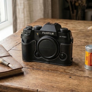 Könnte beinhalten: Schwarze Fujifilm X-T50 Kamera in einer Ledertasche mit weißen Nähten, eine Filmrolle und ein Notizbuch mit einem Stift auf einer Holzoberfläche. Das Kameraobjektiv ist mit einer schwarzen Objektivkappe abgedeckt.