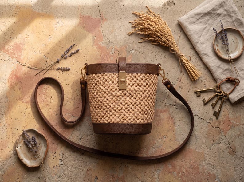 May include: A bucket bag featuring a woven tan straw body with dark brown leather trim at the top and base. The bag includes a gold-tone metal turn-lock closure on a vertical leather strap and a long, adjustable dark brown leather shoulder strap.