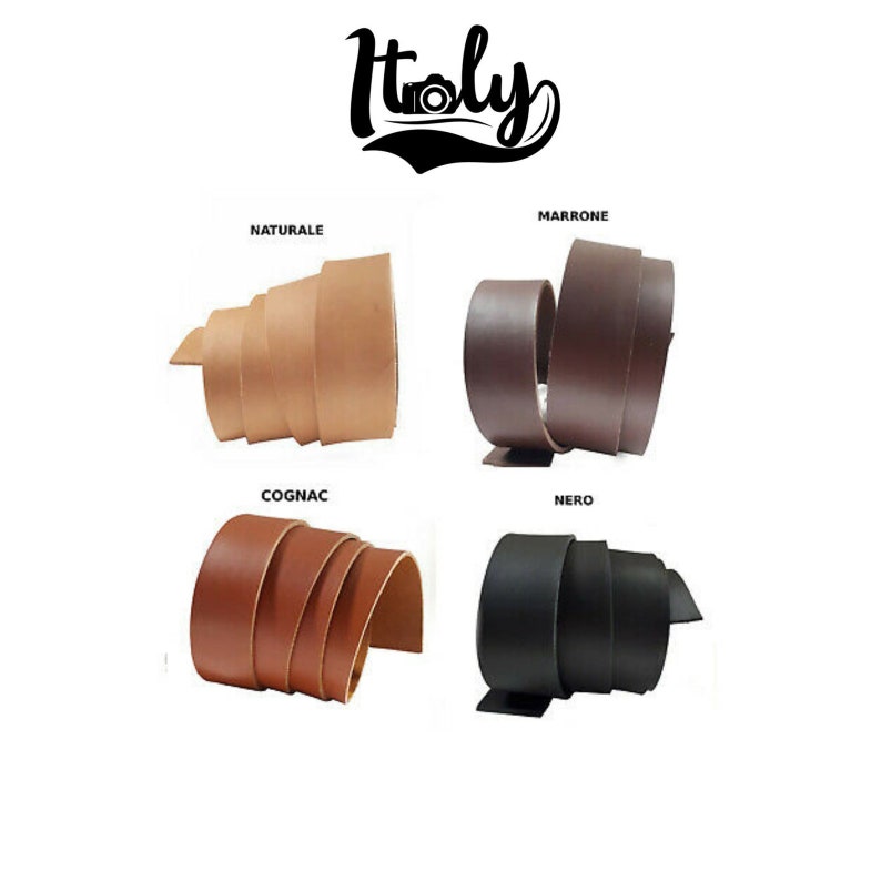 May include: Four rolls of leather in different colors: natural, marrone, cognac, and nero. The leather is rolled up and the ends are visible. The leather is a high quality, full grain leather.